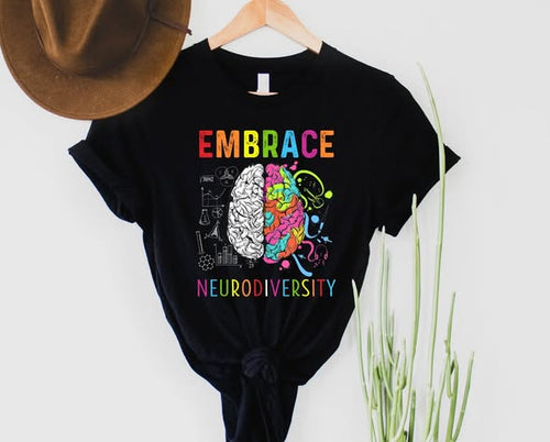 Black t-shirt with colorful brain graphic and 'Embrace Neurodiversity' text on a white background.