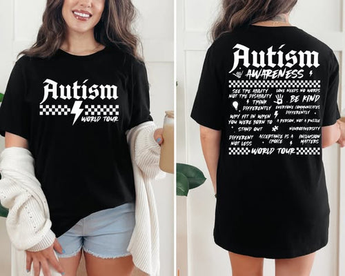 Black t-shirt with 'Autism Awareness World Tour' text on front and back worn by a person.