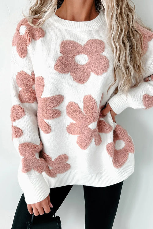 Flower Round Neck Long Sleeve Knit Top - Perfect for Back to School & Fall