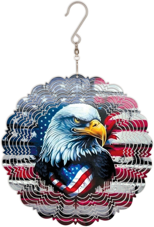 Eagle Crest Americana Wind Spinner with bald eagle design and American flag background hanging flat
