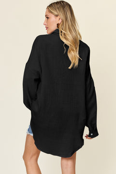 Double Take Full Size Pocketed Texture Button Up Shirt - Versatile Layering Piece for Every Occasion