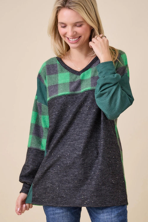 Cozy Plaid Sparkle V-Neck Tunic — Red or Green