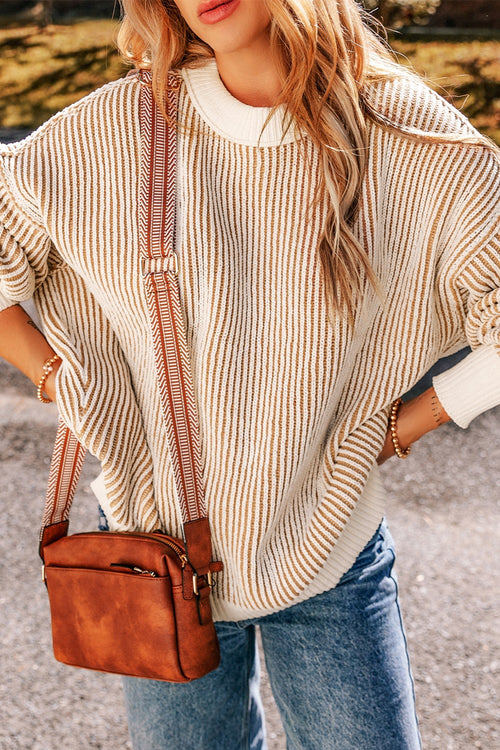 Versatile Round Neck Striped Dropped Shoulder Sweater – Cozy & Stylish