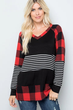 Plaid & Stripe Color Block Long Sleeve Top — Red or Black/White