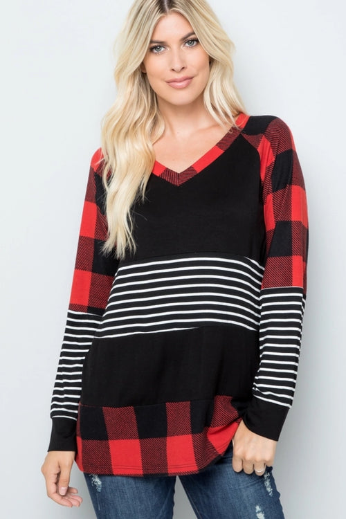 Plaid & Stripe Color Block Long Sleeve Top — Red or Black/White