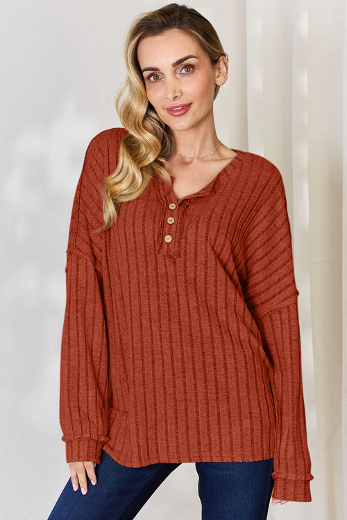 Basic Bae Full Size Ribbed Half Button Long Sleeve Top - Your Back to School and Fall Favorite