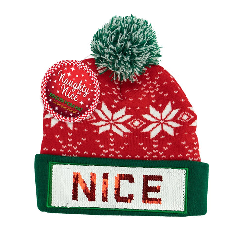 Red holiday pom hat with green brim and sequins reading “NICE.”