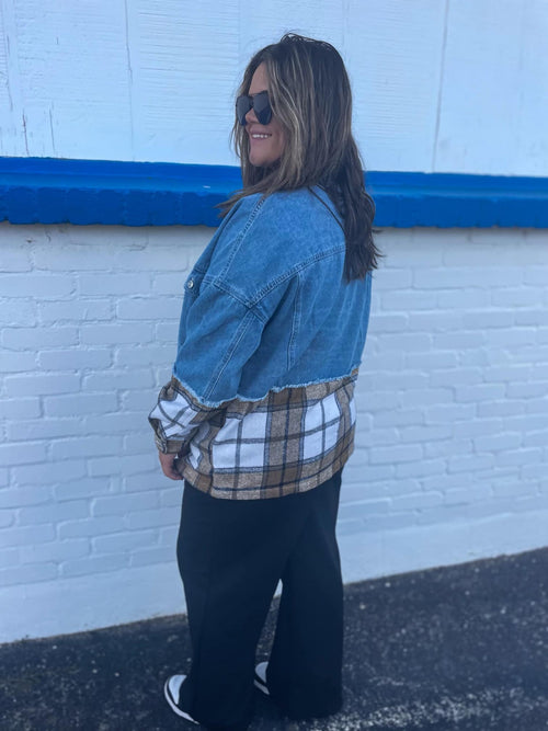 Fall Essential: Telluride Denim & Plaid Jacket – Chic Layers in Sizes Small to X-Large (Pre-Order by 9/10/2024)