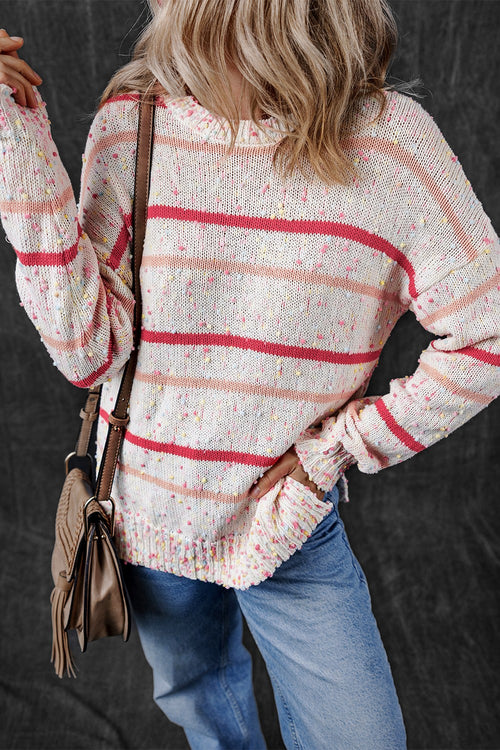 Pink & White Confetti Round Neck Dropped Shoulder Sweater – Cozy & Fun