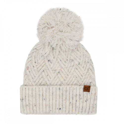 C.C Criss-Cross Pattern Yarn Pom Beanie – Oatmeal, Pink, Lavender, Denim, Olive, Brown, Charcoal