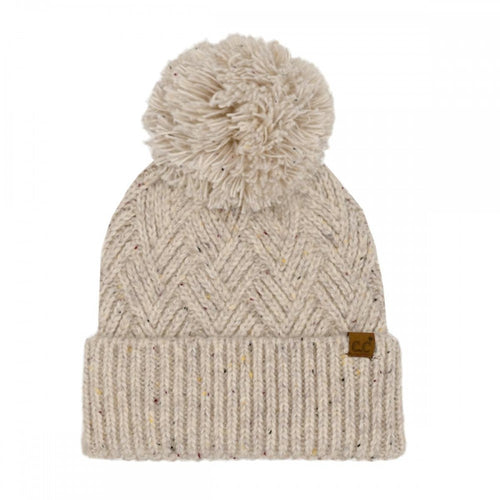 C.C Criss-Cross Pattern Yarn Pom Beanie – Oatmeal, Pink, Lavender, Denim, Olive, Brown, Charcoal