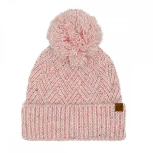 C.C Criss-Cross Pattern Yarn Pom Beanie – Oatmeal, Pink, Lavender, Denim, Olive, Brown, Charcoal