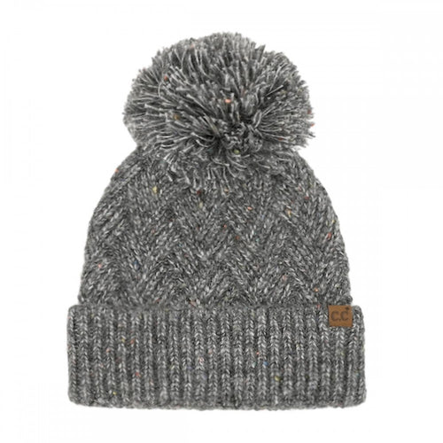 C.C Criss-Cross Pattern Yarn Pom Beanie – Oatmeal, Pink, Lavender, Denim, Olive, Brown, Charcoal