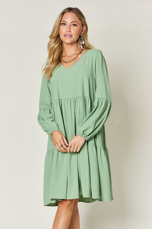 Double Take Full Size V-Neck Balloon Sleeve Tiered Dress (Sizes S-3XL)