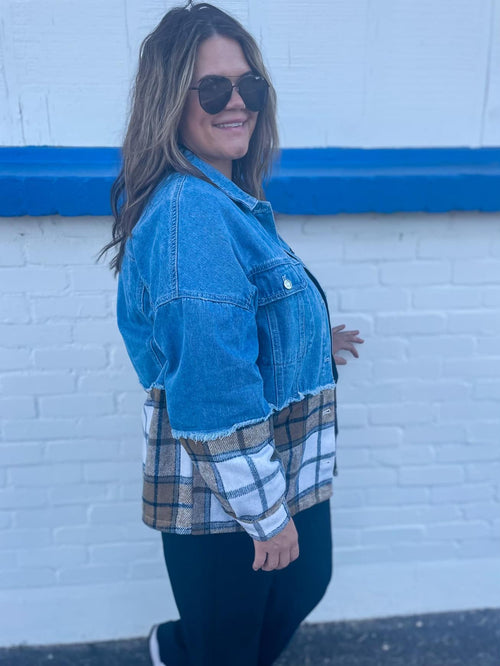 Fall Essential: Telluride Denim & Plaid Jacket – Chic Layers in Sizes Small to X-Large (Pre-Order by 9/10/2024)