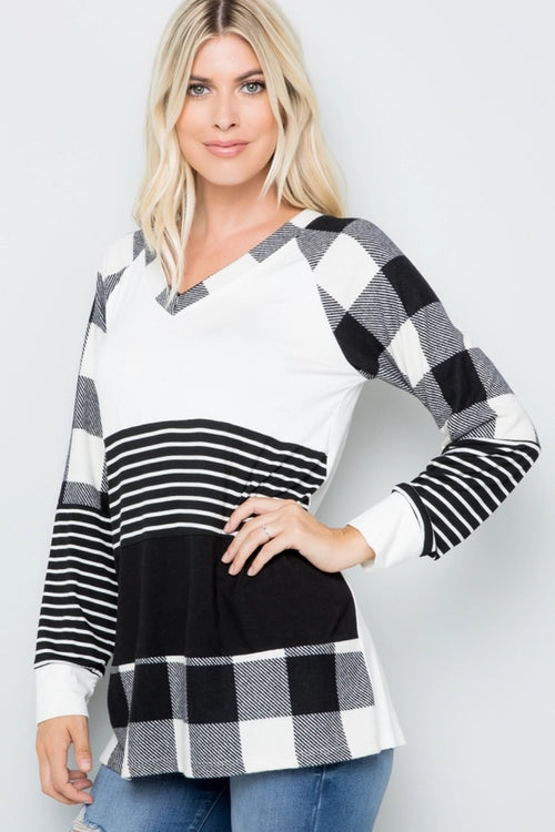 Plaid & Stripe Color Block Long Sleeve Top — Red or Black/White