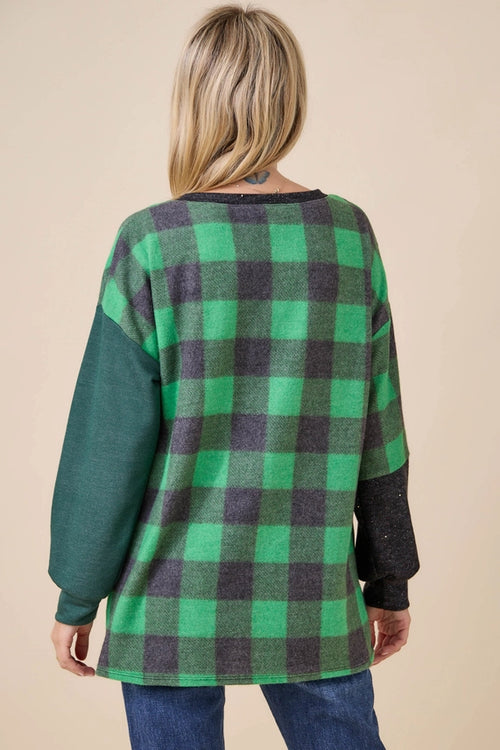 Cozy Plaid Sparkle V-Neck Tunic — Red or Green