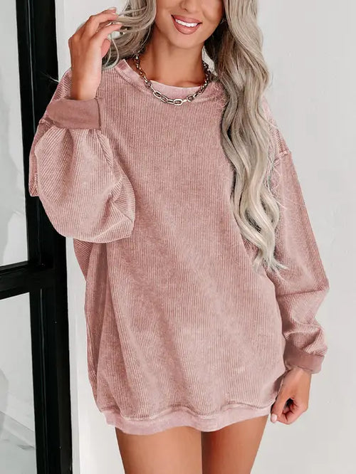LoveSoft Ribbed Knit Round Neck Pullover Sweatshirt