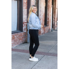 Model wearing size small in The Jacqueline leggings with a tee and jean jacket – perfect for casual wear.