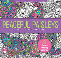 Coloring book cover titled 'Peaceful Paisleys' with paisley patterns and a purple banner.