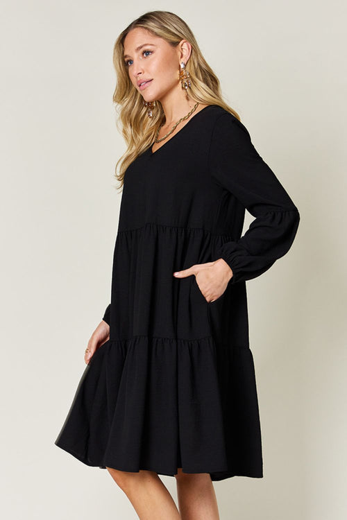 Double Take Full Size V-Neck Balloon Sleeve Tiered Dress (Sizes S-3XL)