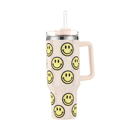 White rhinestone 40oz tumbler with yellow smiley faces, handle and straw