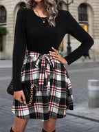 Chic Tied Plaid Round Neck Long Sleeve Dress with Slight Stretch