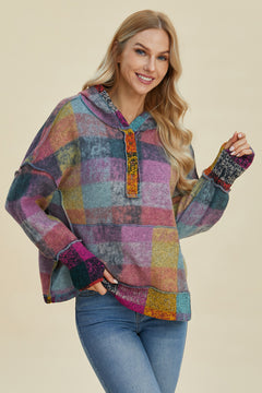 Double Take Full Size Plaid Dropped Shoulder Hoodie - Sizes Small through 3XL