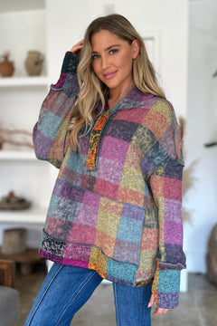 Double Take Full Size Plaid Dropped Shoulder Hoodie - Sizes Small through 3XL