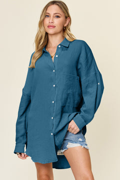 Double Take Full Size Pocketed Texture Button Up Shirt - Versatile Layering Piece for Every Occasion