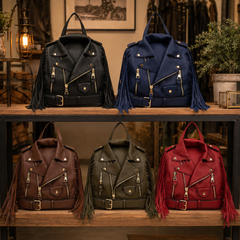 Four vegan leather motorcycle jacket backpacks with fringe details, displayed on two wooden shelves in a rustic shop setting. The colors shown are black, navy blue, brown, olive green, and red.