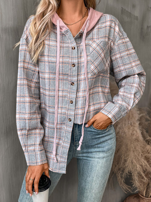 Plaid Long Sleeve Hooded Shirt - Back to School & Fall 2024 Essential