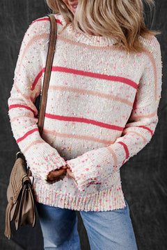 Pink & White Confetti Round Neck Dropped Shoulder Sweater – Cozy & Fun