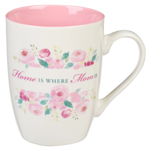Home Is Where Mom Is white ceramic mug with pink peony flowers and rosy pink interior