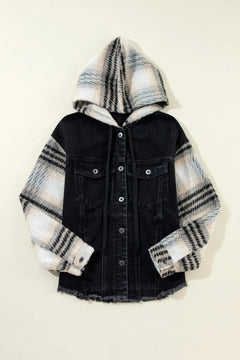 Plaid Sleeve Raw Hem Hooded Denim Jacket with Drawstring - Sizes S-X