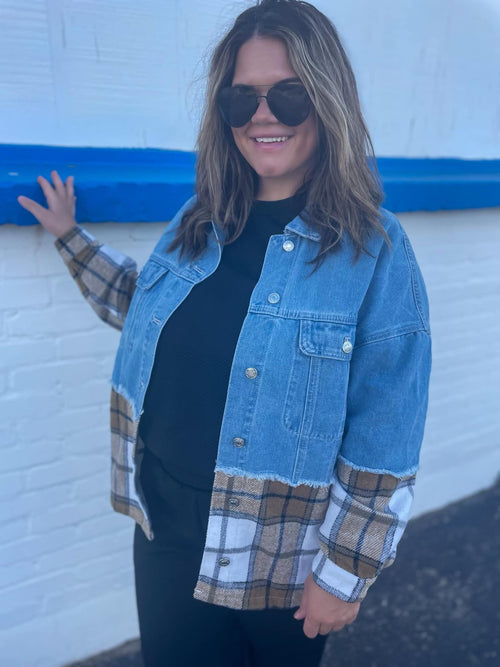 Fall Essential: Telluride Denim & Plaid Jacket – Chic Layers in Sizes Small to X-Large (Pre-Order by 9/10/2024)