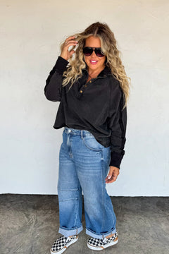 Longer Length Marley Snap Button Sweatshirt – Vintage Black, Magenta, Rust & Grey