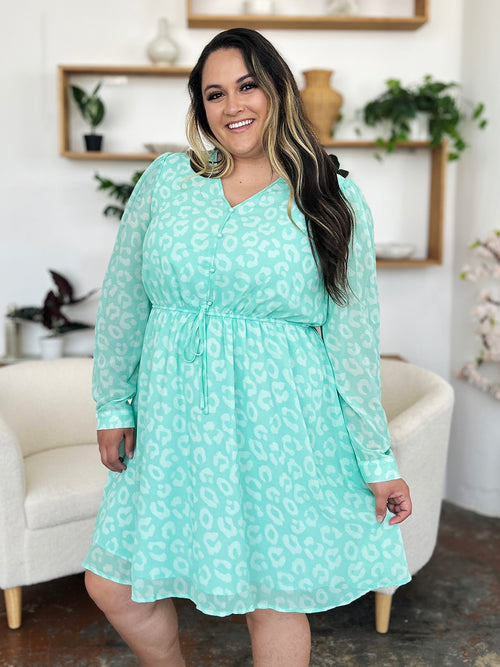 Double Take Full Size Printed Ruched V-Neck Long Sleeve Dress (Sizes S-3XL)