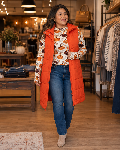 Harlow Long Puffer Vest – Pumpkin