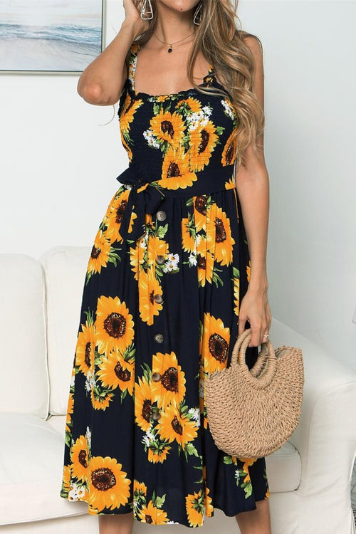Smocked Sunflower Printed Sleeveless Cami Dress: Your Perfect Summer Companion!