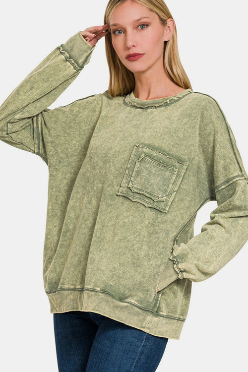 Zenana Exposed Seam Round Neck Dropped Shoulder Sweatshirt - Trendy & Comfortable Casual Wear - Light Olive