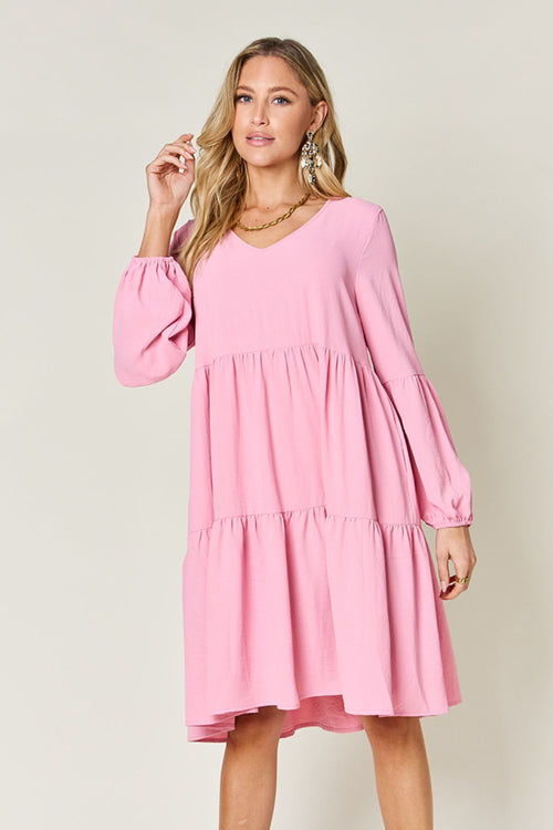 Double Take Full Size V-Neck Balloon Sleeve Tiered Dress (Sizes S-3XL)