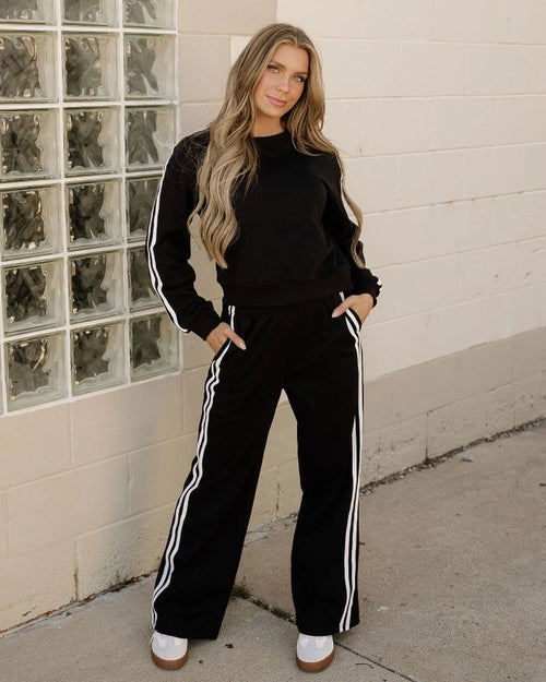 Indie & Co. Varsity Athleisure Set - Black | Pullover + Wide Leg Pants