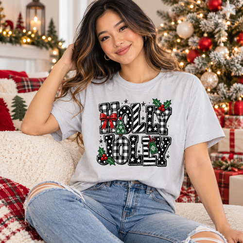 Holly Jolly Plaid Christmas Graphic Tee | Festive Holiday Shirt