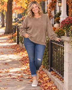 Plus Size Acid Wash Oversized Fleece Pullover – Mocha & Wine