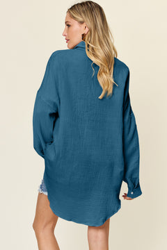 Double Take Full Size Pocketed Texture Button Up Shirt - Versatile Layering Piece for Every Occasion