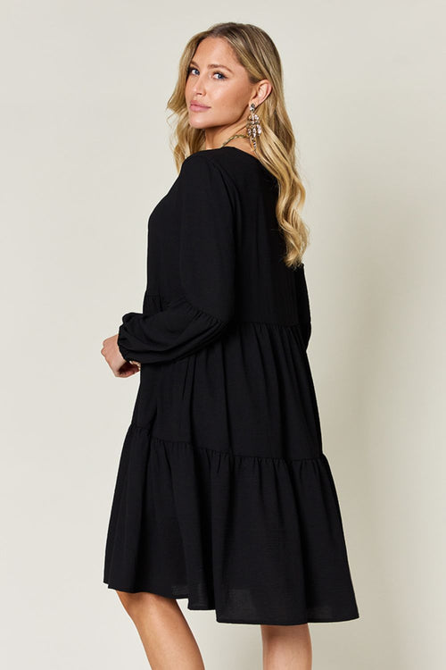 Double Take Full Size V-Neck Balloon Sleeve Tiered Dress (Sizes S-3XL)