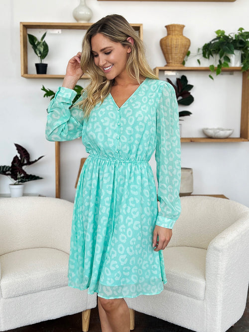 Double Take Full Size Printed Ruched V-Neck Long Sleeve Dress (Sizes S-3XL)