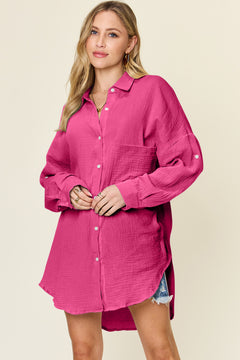 Double Take Full Size Pocketed Texture Button Up Shirt - Versatile Layering Piece for Every Occasion