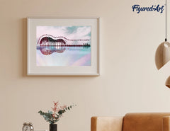 Framed Landscape Guitar diamond painting displayed on a neutral wall above a sofa